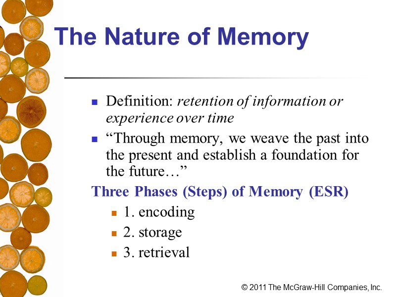 The Nature of Memory Definition: retention of information or experience over time “Through memory,